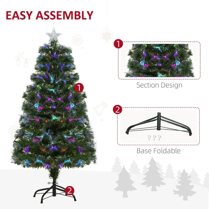 4ft Pre-Lit Multi Colour LED & Fibre Optic Artificial Christmas Holiday Tree w Base Xmas, Green