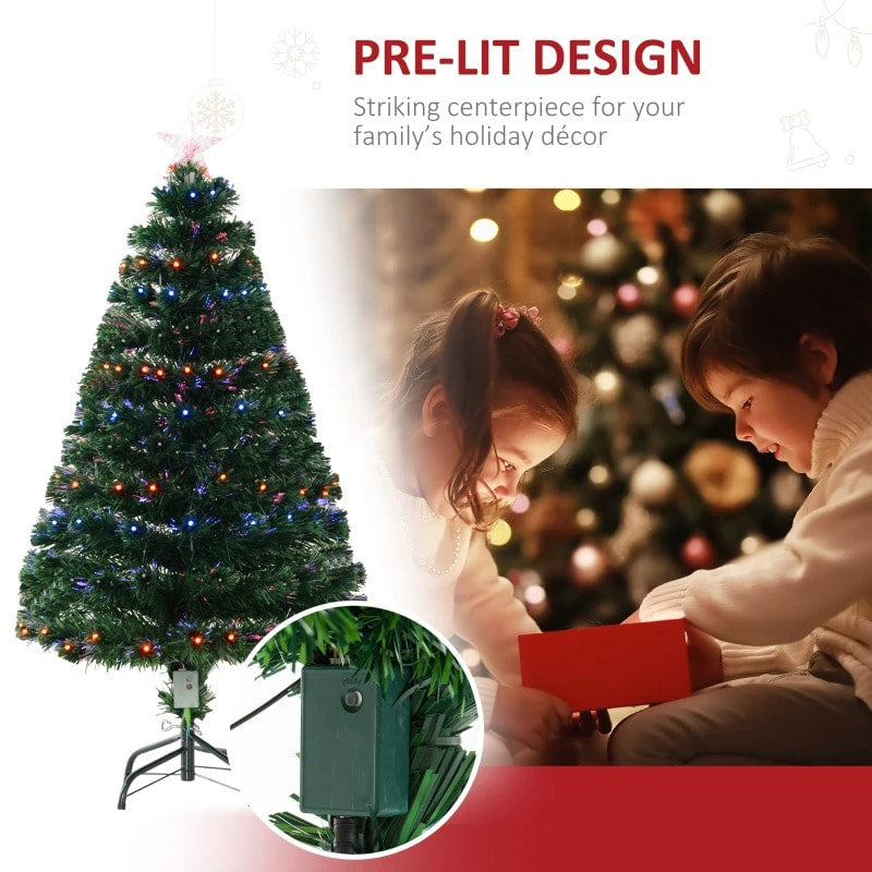 4ft Pre-Lit LED, Fibre Optic Artificial Christmas Holiday Tree w Base Xmas, Multi-Colour, Green