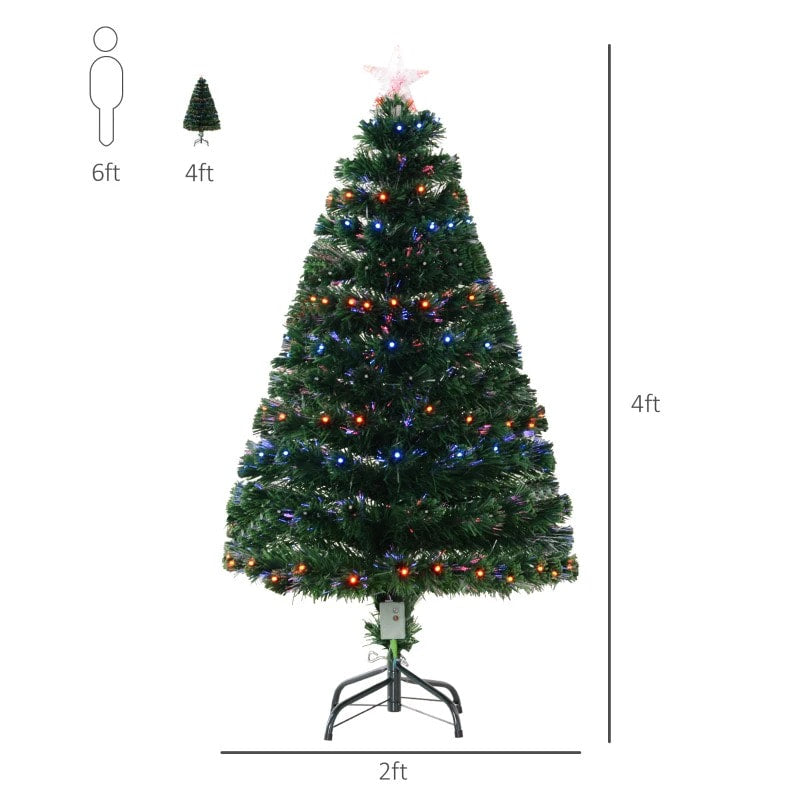 4ft Pre-Lit LED, Fibre Optic Artificial Christmas Holiday Tree w Base Xmas, Multi-Colour, Green