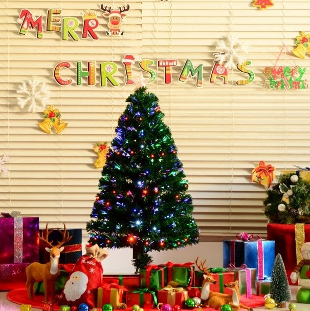 4ft Pre-Lit LED, Fibre Optic Artificial Christmas Holiday Tree w Base Xmas, Multi-Colour, Green