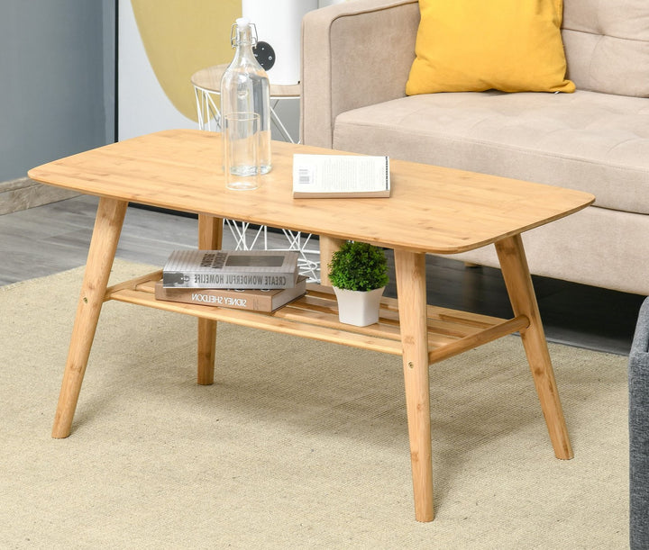 Minimalist Natural Bamboo 2-Tier Coffee Table Living Room Accent Furniture w/ Shelf - Woodgrain