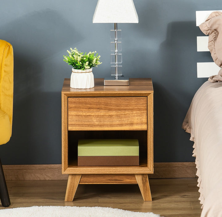 Modern Bedside Table Nightstand Bedroom End Table Side Table w/ Drawer Shelf - Walnut Brown