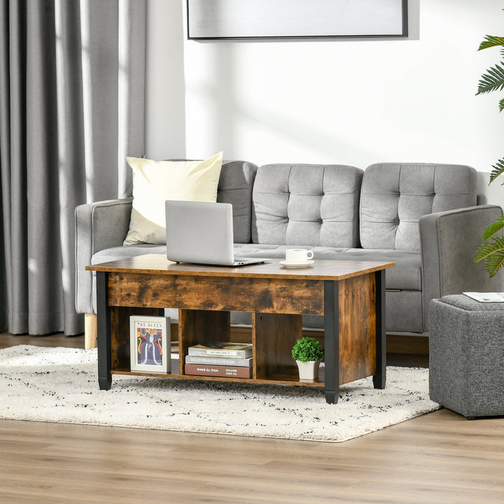 Lift Top Coffee Table w/ 3 Shelves & Hidden Storage Compartment, Living Room - Rustic Brown