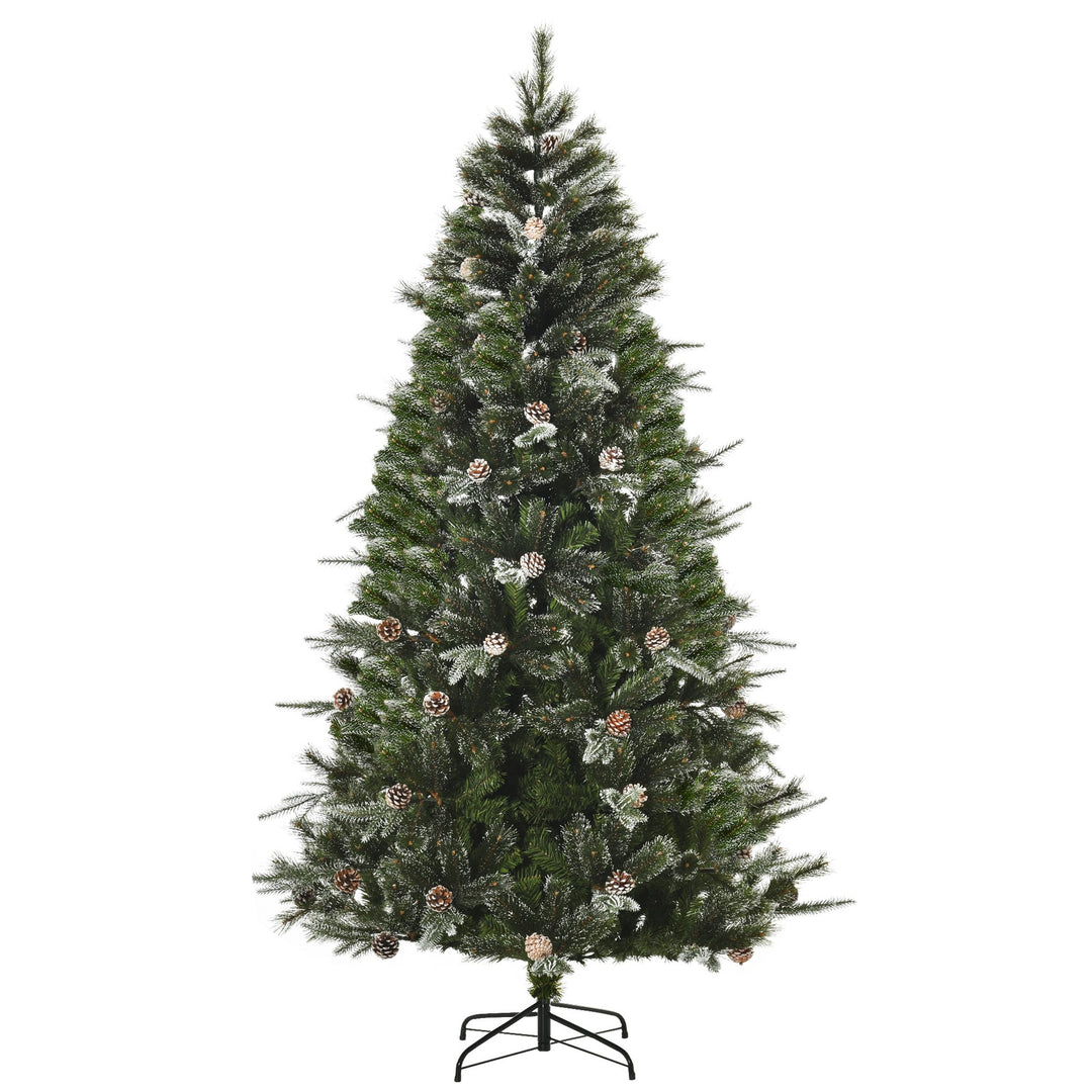 7ft 986-Tip Realistic Christmas Holiday Tree w Pinecones, Snow Accents, Base, Xmas Décor, Green