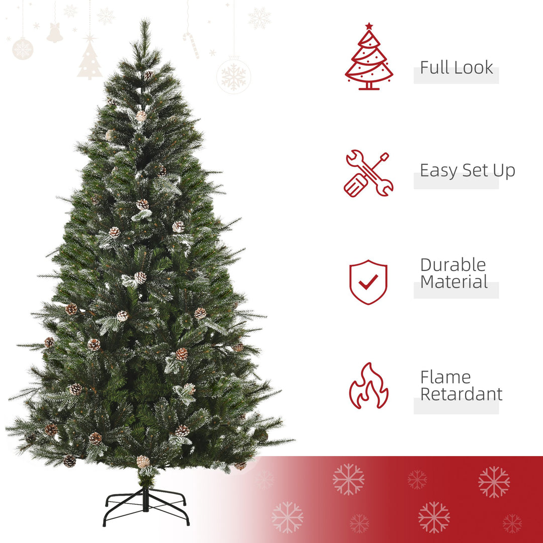 7ft 986-Tip Realistic Christmas Holiday Tree w Pinecones, Snow Accents, Base, Xmas Décor, Green