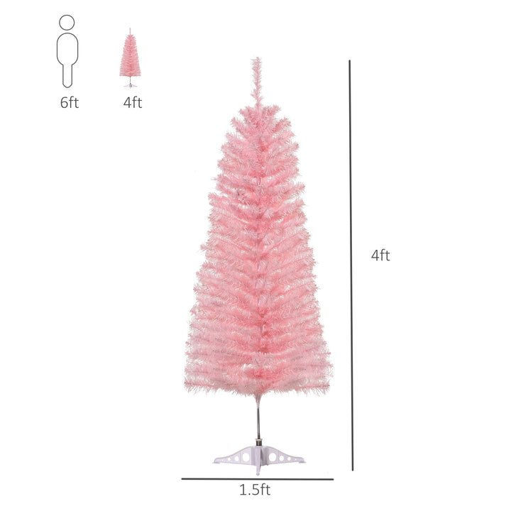Small 4ft 188-Tip Slim Pencil Artificial Christmas Holiday Tree w Metal Base Xmas Decor – Pink