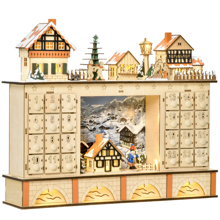 Light-Up Wooden Christmas Advent Calendar Holiday Xmas Decoration w/ 24 Drawers, Winter Village