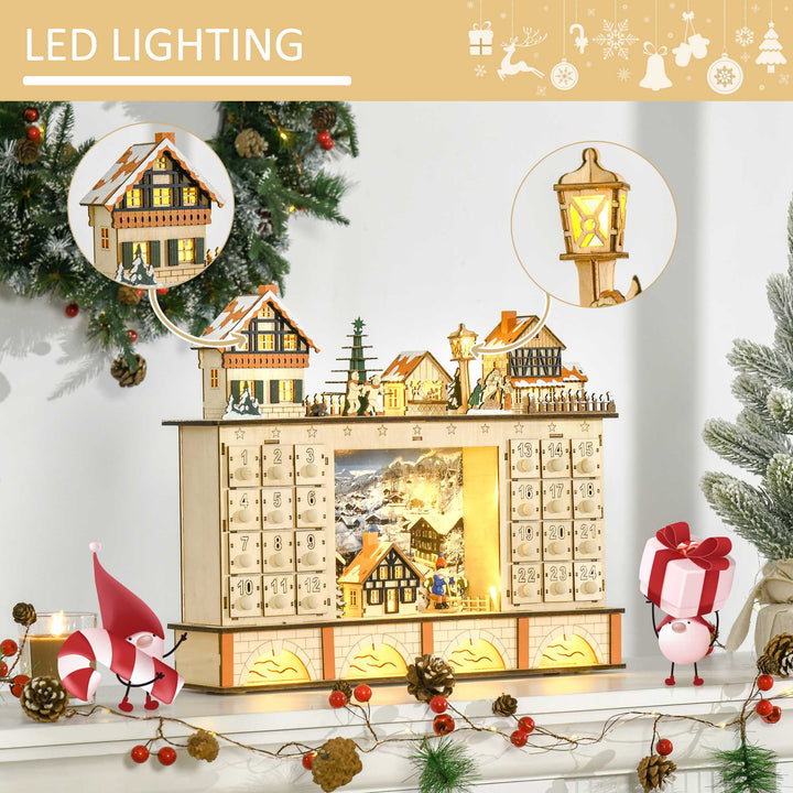 Light-Up Wooden Christmas Advent Calendar Holiday Xmas Decoration w/ 24 Drawers, Winter Village