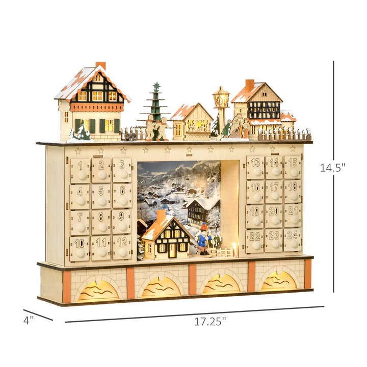 Light-Up Wooden Christmas Advent Calendar Holiday Xmas Decoration w/ 24 Drawers, Winter Village