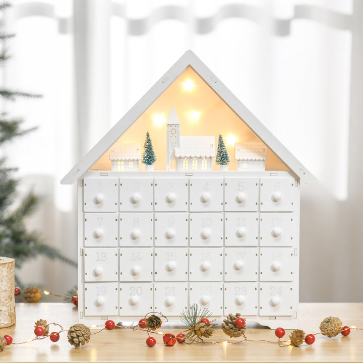Light-Up Wooden Christmas Advent Calendar Holiday Xmas Decoration w/ 24 Drawers, White Church
