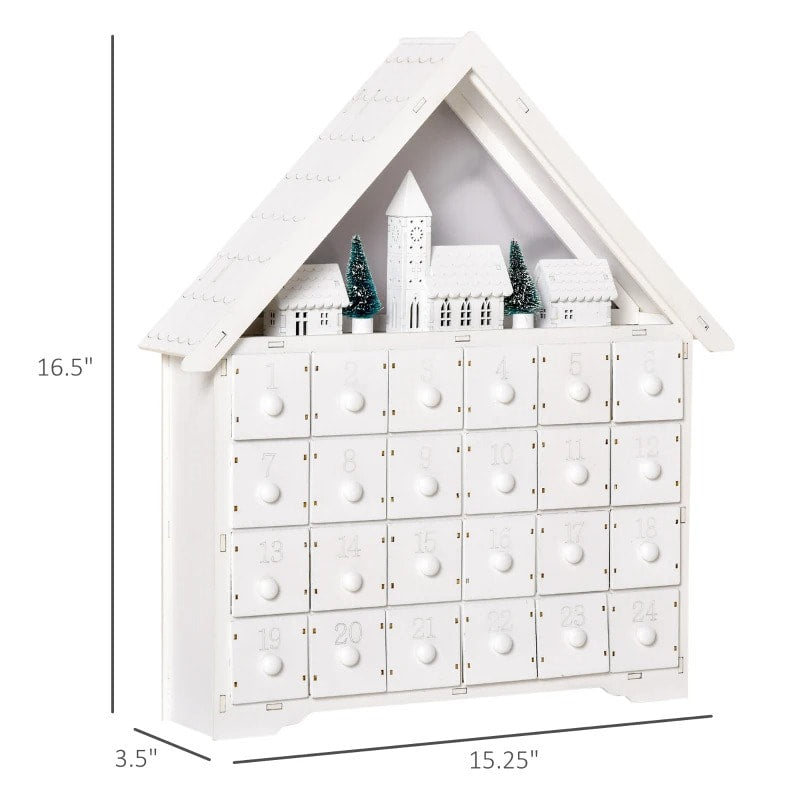 Light-Up Wooden Christmas Advent Calendar Holiday Xmas Decoration w/ 24 Drawers, White Church