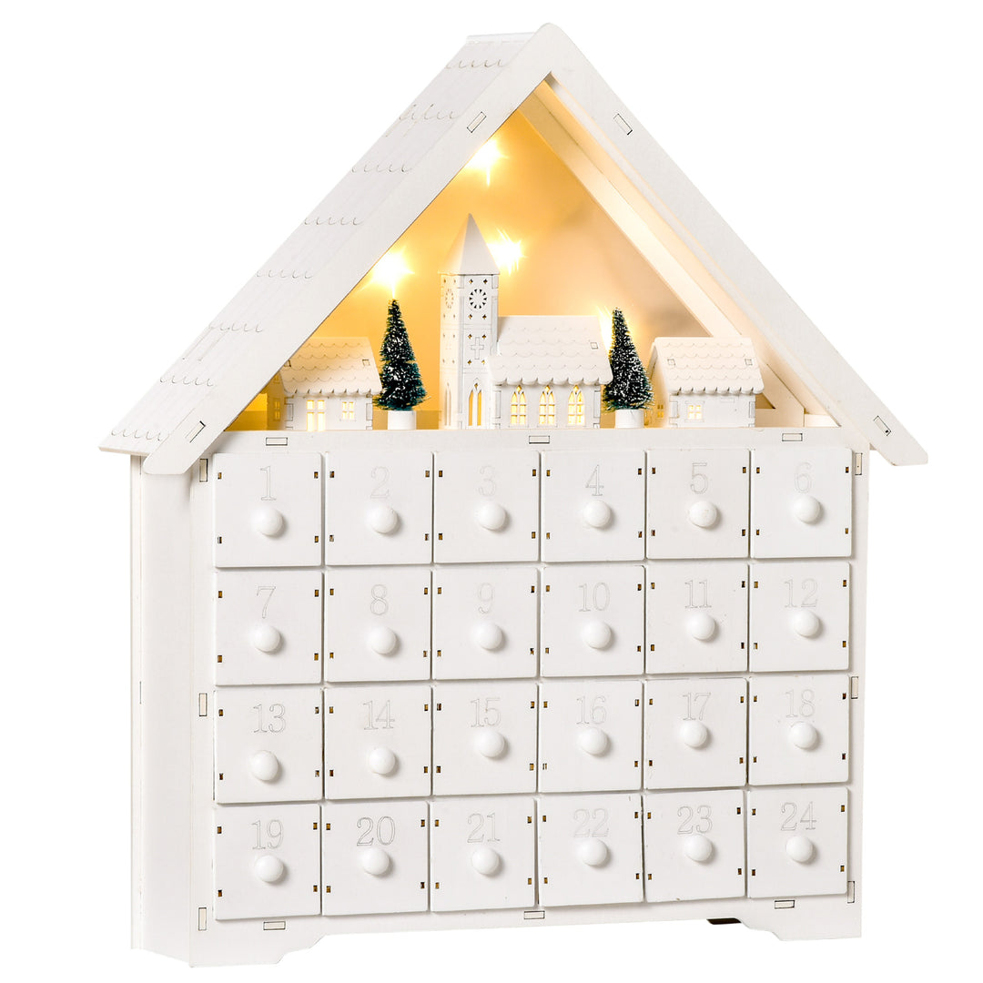 Light-Up Wooden Christmas Advent Calendar Holiday Xmas Decoration w/ 24 Drawers, White Church