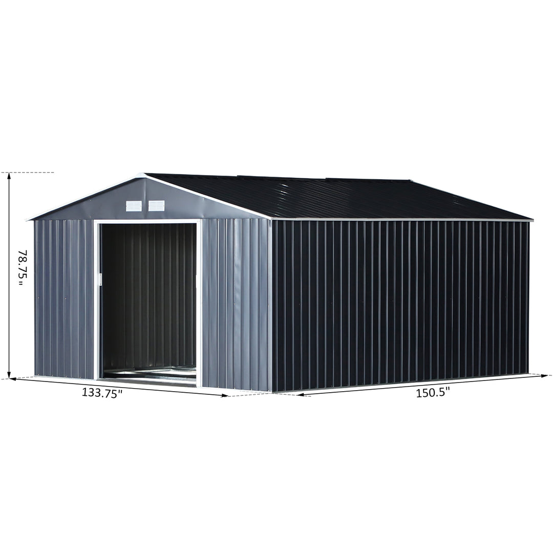 11.2 x 12.6 x 6.5’ Large Galv Steel Outdoor Storage Tool Work Shed for Garden Backyard, Grey