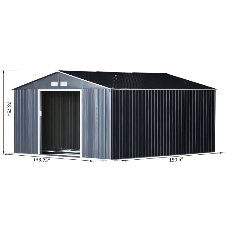 11.2 x 12.6 x 6.5’ Large Galv Steel Outdoor Storage Tool Work Shed for Garden Backyard, Grey