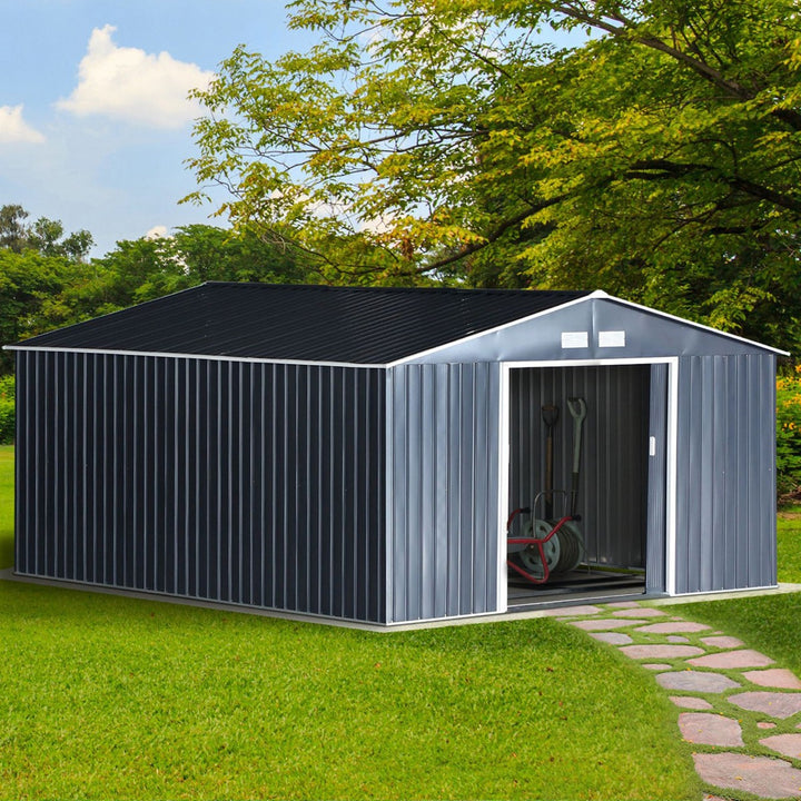 11.2 x 12.6 x 6.5’ Large Galv Steel Outdoor Storage Tool Work Shed for Garden Backyard, Grey