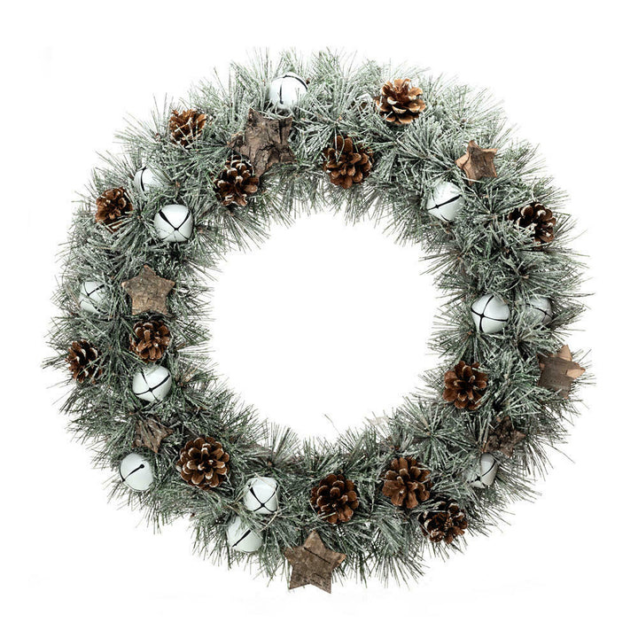 Frosted Rustic Farmhouse Christmas Holiday Wreath w/ White Bells, Wooden Stars, Pine Cones