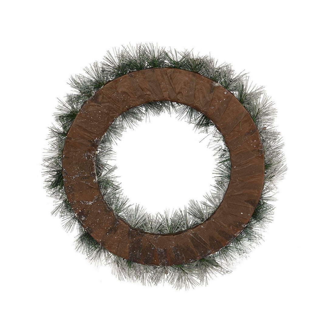 Frosted Rustic Farmhouse Christmas Holiday Wreath w/ White Bells, Wooden Stars, Pine Cones