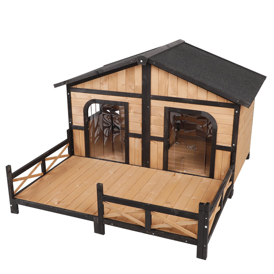 Outdoor Rustic Elevated Wooden Pet Cabin/Dog House w/ Porch and Windows - Wood Grain and Black