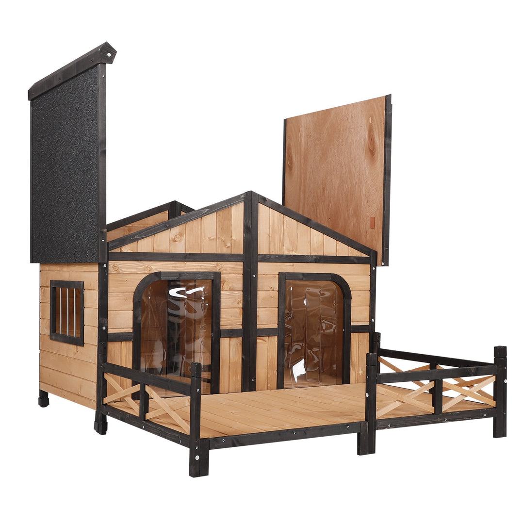 Outdoor Rustic Elevated Wooden Pet Cabin/Dog House w/ Porch and Windows - Wood Grain and Black
