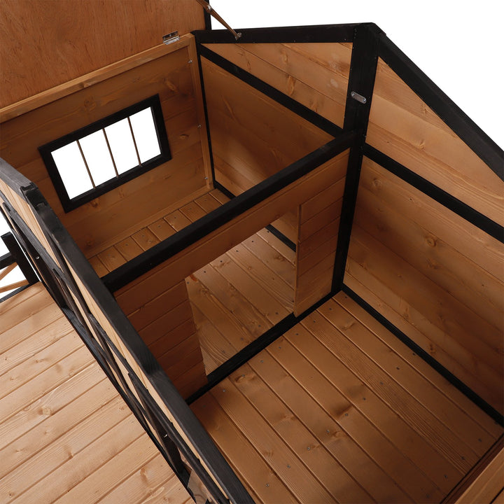Outdoor Rustic Elevated Wooden Pet Cabin/Dog House w/ Porch and Windows - Wood Grain and Black
