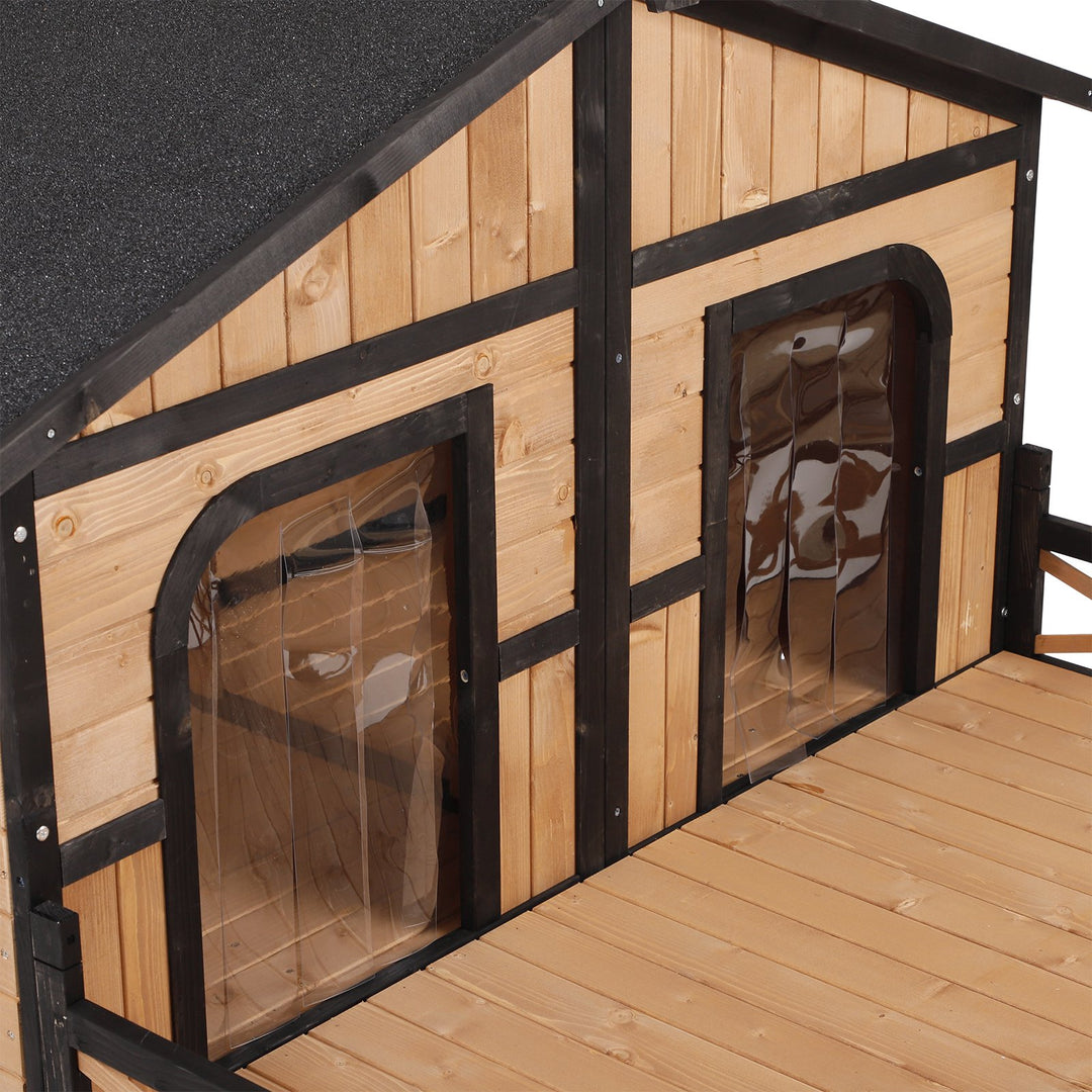 Outdoor Rustic Elevated Wooden Pet Cabin/Dog House w/ Porch and Windows - Wood Grain and Black