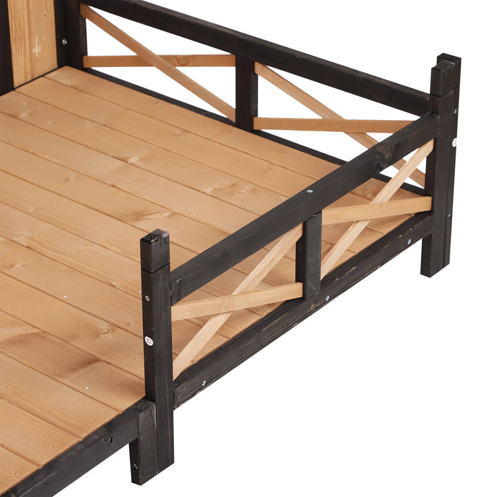 Outdoor Rustic Elevated Wooden Pet Cabin/Dog House w/ Porch and Windows - Wood Grain and Black