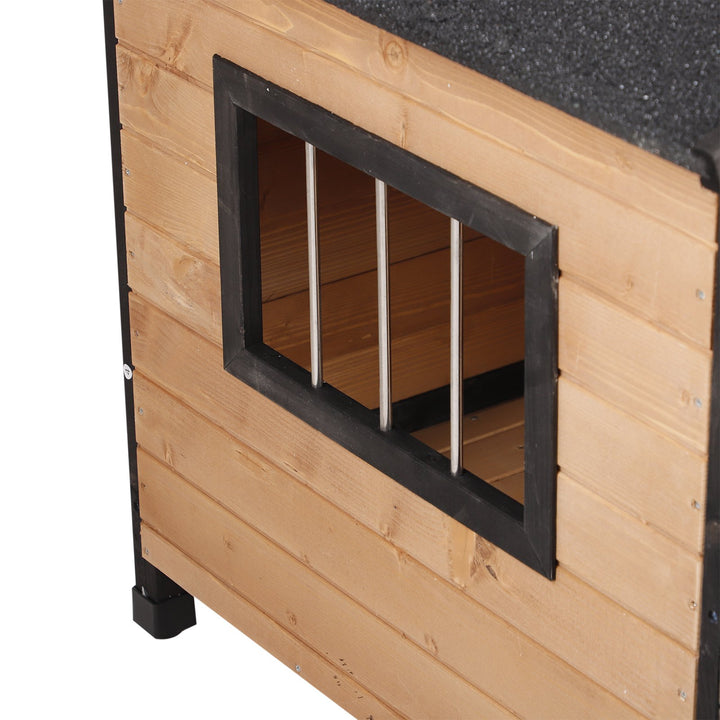 Outdoor Rustic Elevated Wooden Pet Cabin/Dog House w/ Porch and Windows - Wood Grain and Black