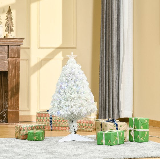 2.5ft Mini Pre-Lit Fibre Optic Artificial Christmas Holiday Tree w Star, Base Xmas Décor, White