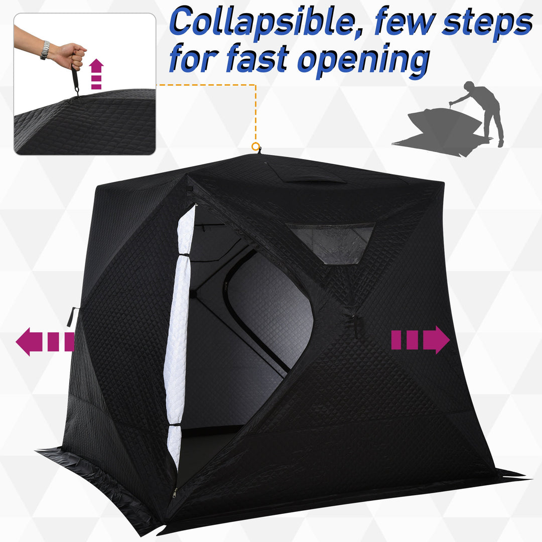 2-4 Person Pop Up Portable Ice Fishing Tent Shelter w Windows Doors Ventilation & Bag - Black