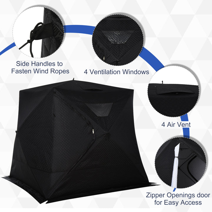 2-4 Person Pop Up Portable Ice Fishing Tent Shelter w Windows Doors Ventilation & Bag - Black