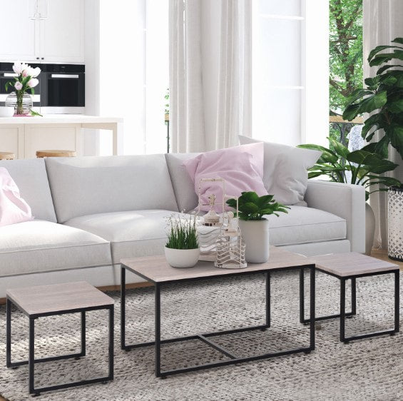 3PC Nesting Coffee End Table Set Nightstand Living Room Industrial Style Wood Grain - Black