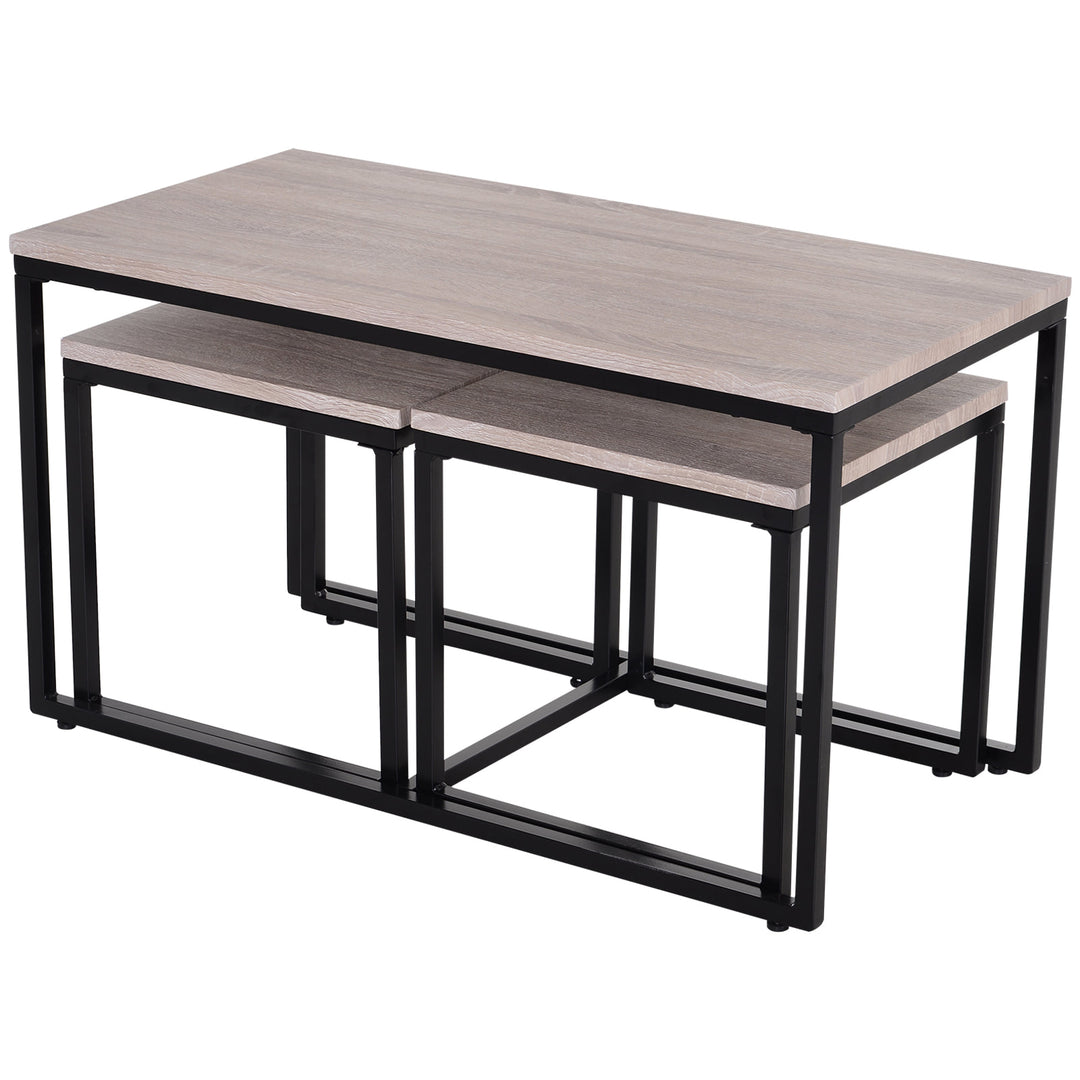 3PC Nesting Coffee End Table Set Nightstand Living Room Industrial Style Wood Grain - Black