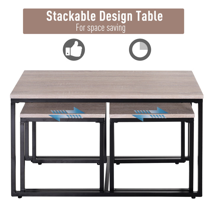3PC Nesting Coffee End Table Set Nightstand Living Room Industrial Style Wood Grain - Black