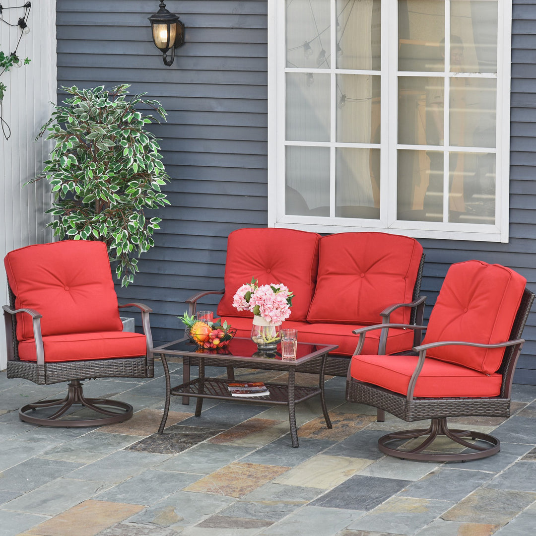 4pc PE Rattan Wicker Conversation Furniture Set w/ Swivel Chairs, Cushions, Outdoor Patio - Red