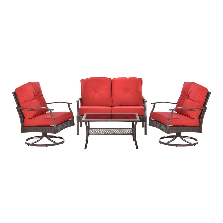 4pc PE Rattan Wicker Conversation Furniture Set w/ Swivel Chairs, Cushions, Outdoor Patio - Red