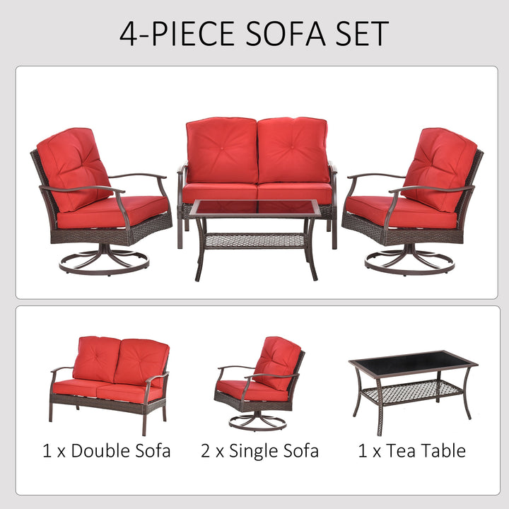 4pc PE Rattan Wicker Conversation Furniture Set w/ Swivel Chairs, Cushions, Outdoor Patio - Red