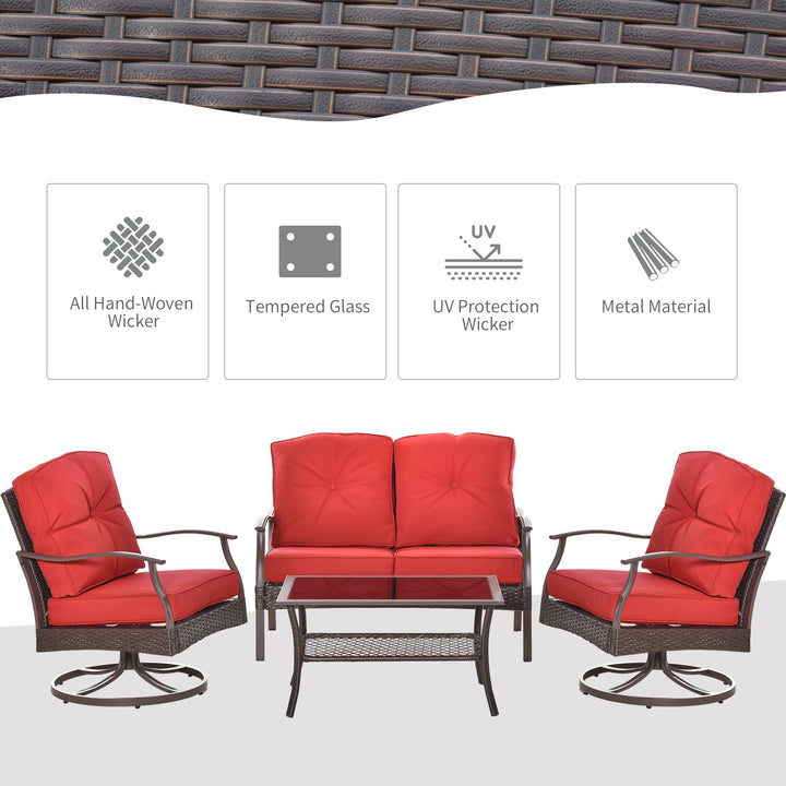 4pc PE Rattan Wicker Conversation Furniture Set w/ Swivel Chairs, Cushions, Outdoor Patio - Red