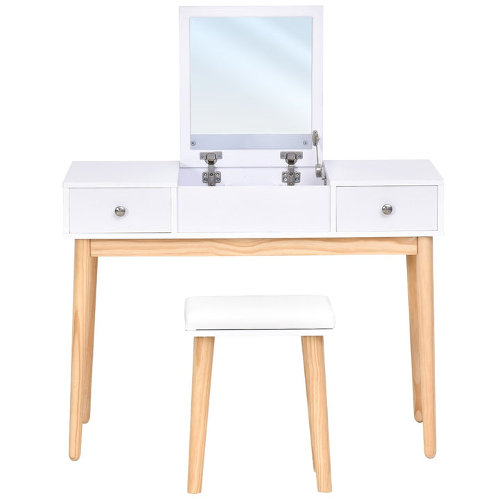 Minimalist Vanity Makeup Dressing Bed Room Table w Flip-Up Mirror, Drawers, Stool – White, Oak