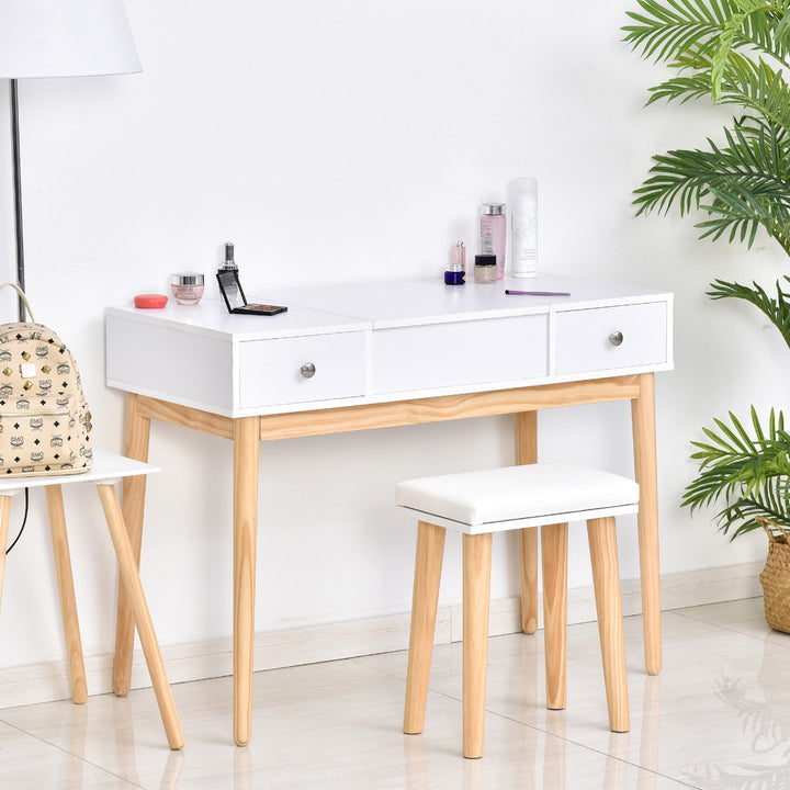 Minimalist Vanity Makeup Dressing Bed Room Table w Flip-Up Mirror, Drawers, Stool – White, Oak