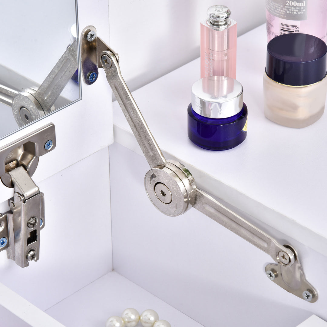 Minimalist Vanity Makeup Dressing Bed Room Table w Flip-Up Mirror, Drawers, Stool – White, Oak