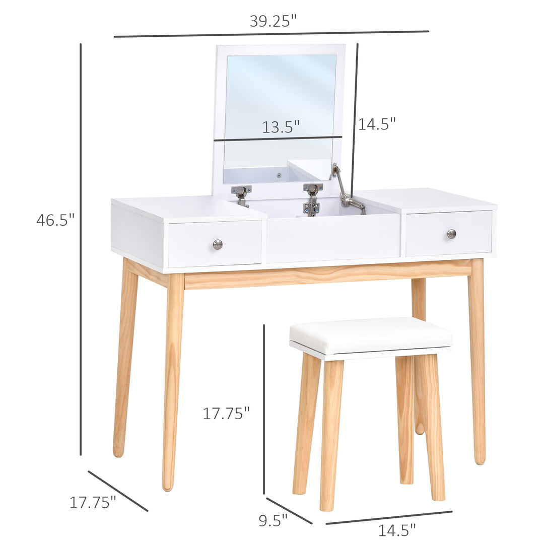 Minimalist Vanity Makeup Dressing Bed Room Table w Flip-Up Mirror, Drawers, Stool – White, Oak