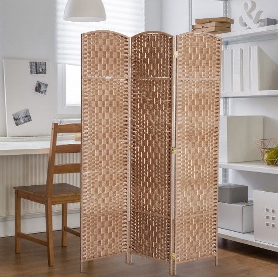 6' Tall 3 Panel Woven Wicker Classic Room Divider Privacy Screen - Natural Blonde Wood Tone