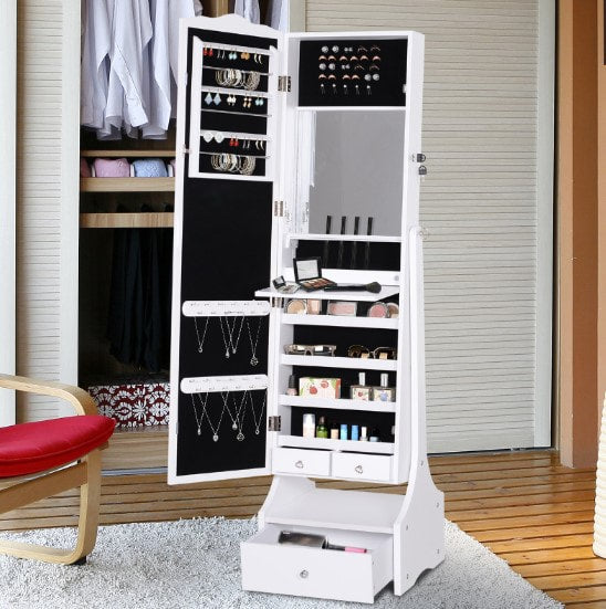 Freestanding Mirror Jewellery Cabinet Armoire Storage Organizer w/ Drawer - White