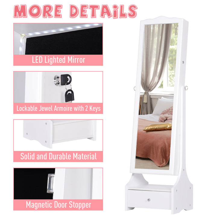 Freestanding Mirror Jewellery Cabinet Armoire Storage Organizer w/ Drawer - White