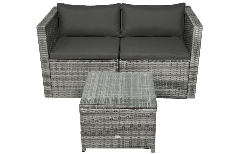 3pc Modular PE Rattan Wicker Loveseat Bistro Set w/ Cushions, Side Table Outdoor Patio, Grey