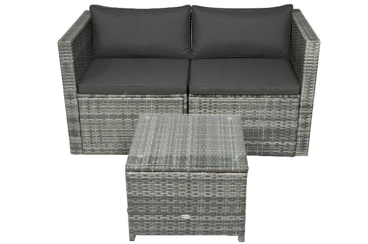3pc Modular PE Rattan Wicker Loveseat Bistro Set w/ Cushions, Side Table Outdoor Patio, Grey