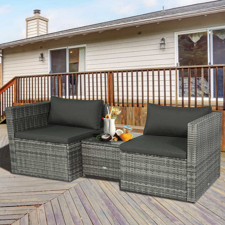 3pc Modular PE Rattan Wicker Loveseat Bistro Set w/ Cushions, Side Table Outdoor Patio, Grey