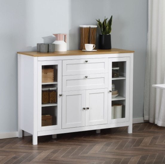 Modern Kitchen Dining Room Cupboard Sideboard Buffet Cabinet Glass Doors Drawers White & Oak