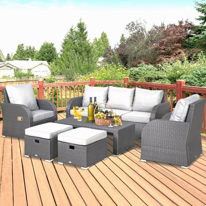 6pc PE Rattan Wicker Compact Conversation Set w/ Recliners for Outdoor Patio – Grey