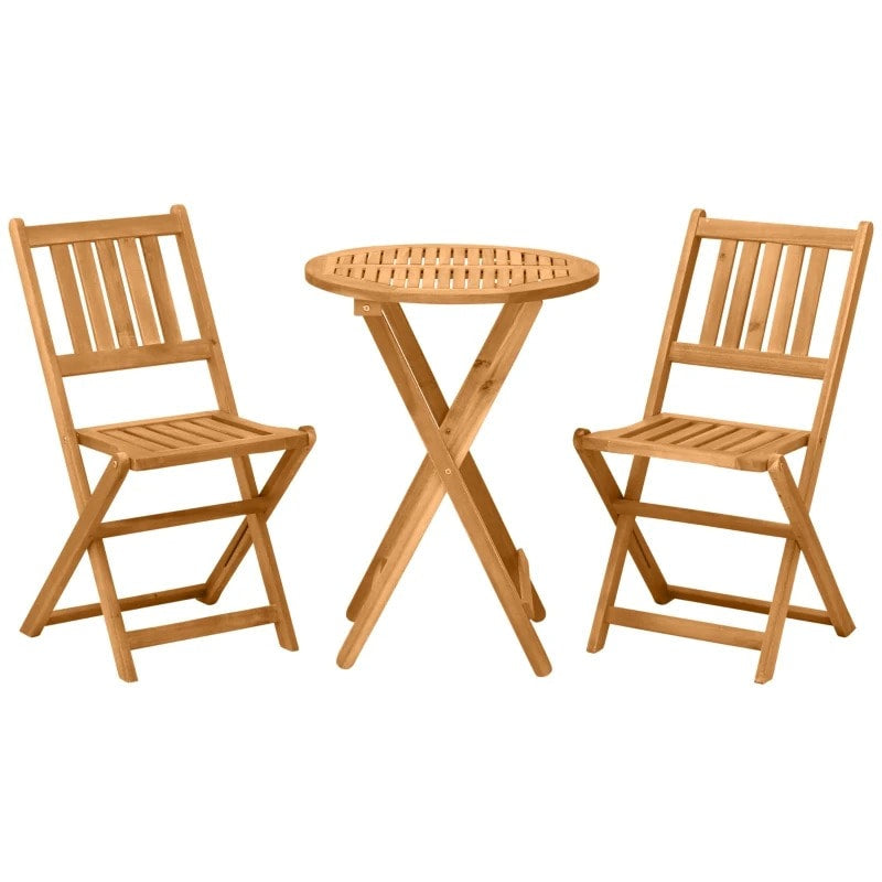 3pc Acacia Wood Foldable Bistro Dining Table & 2 Chairs Set Outdoor Garden Patio Deck, Natural